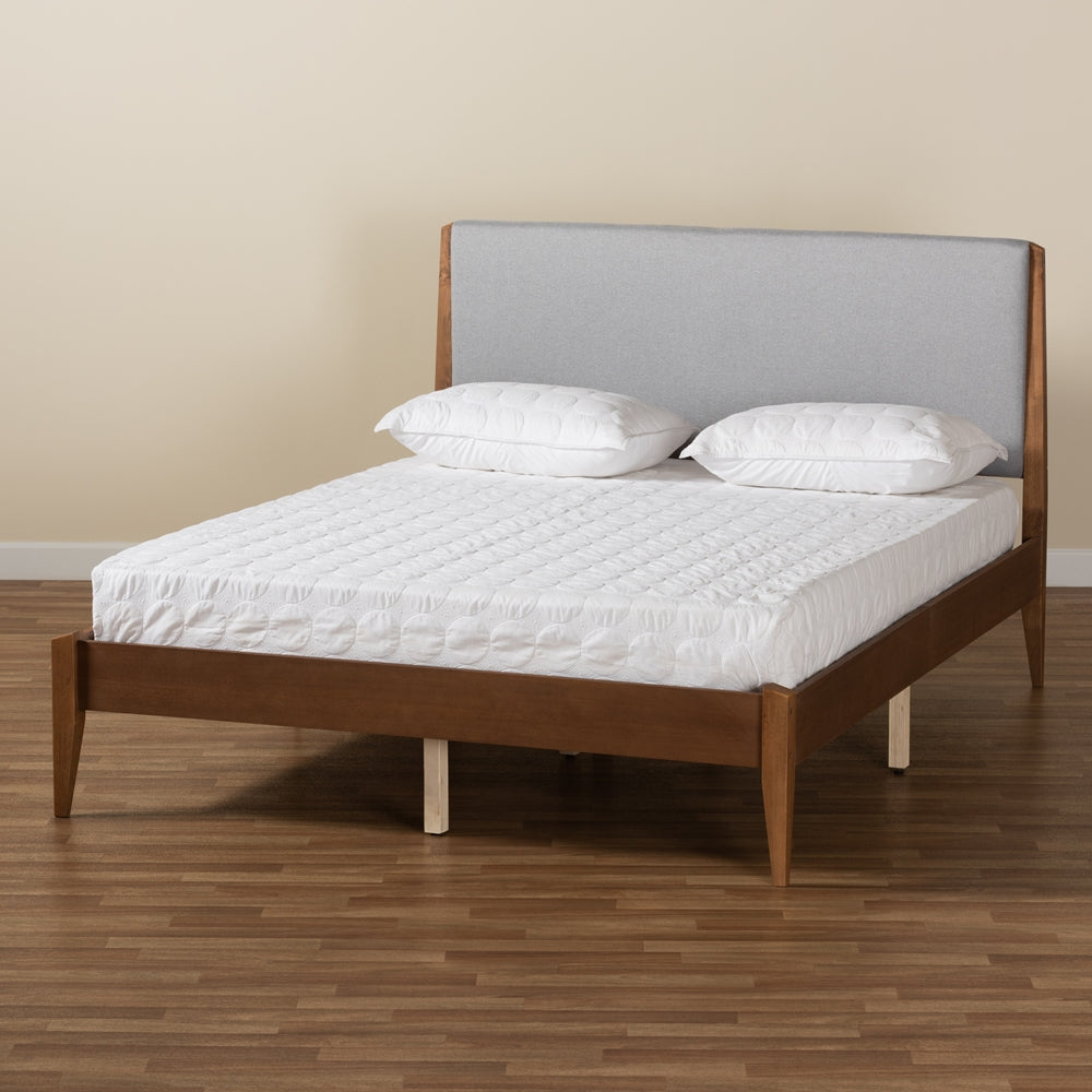 Grey Fabric and Walnut Brown Finished Wood King Size Platform Bed