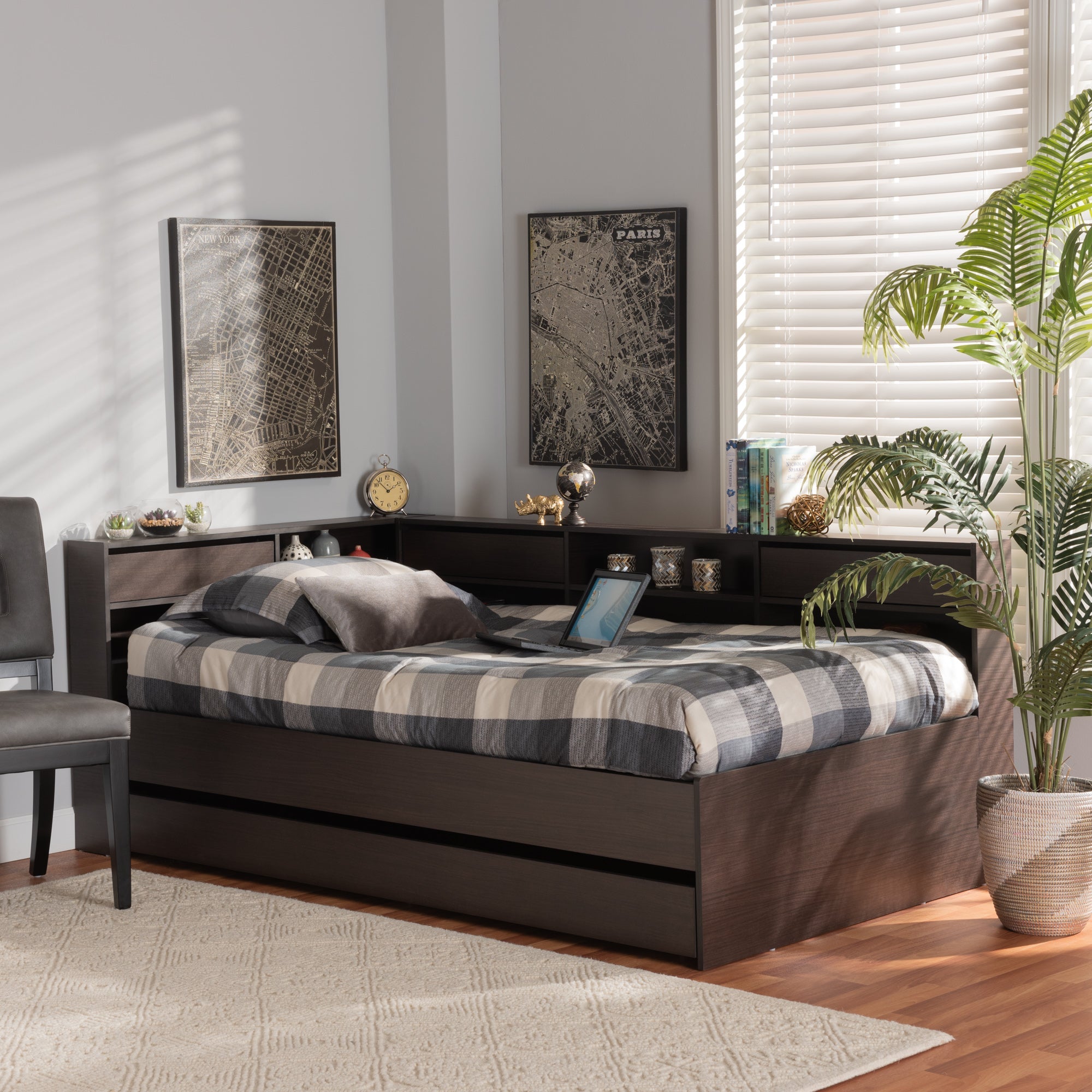 Faraday Dark Brown Finished Wood Twin Size Platform Storage Corner Bed