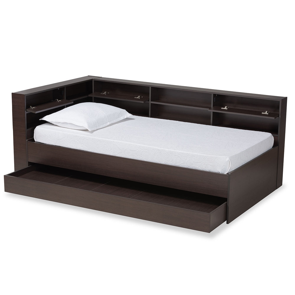 Faraday Dark Brown Finished Wood Twin Size Platform Storage Corner Bed