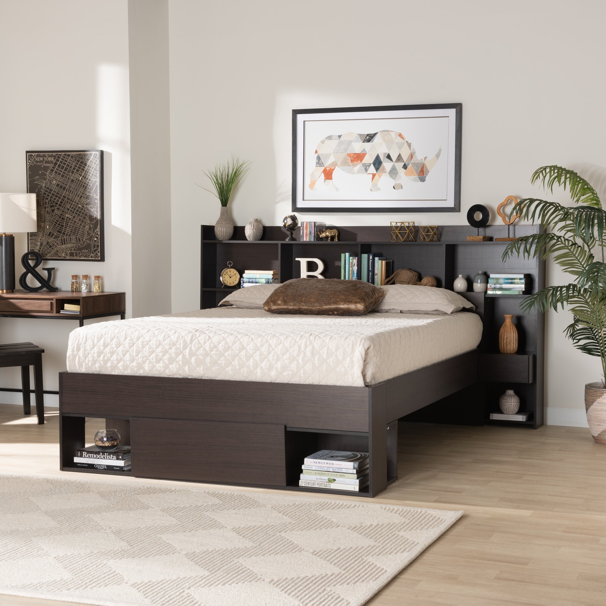 Dexton Dark Brown Finished Wood Queen Size Platform Storage Bed