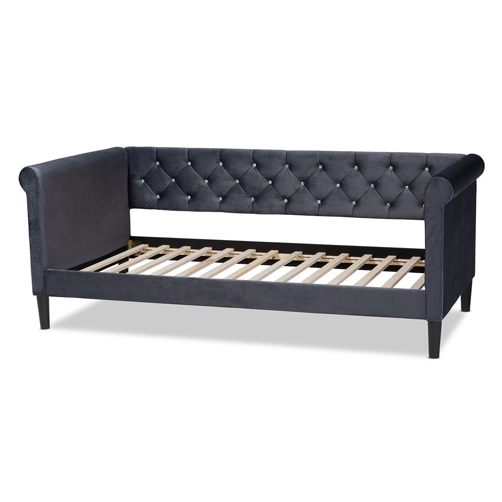 Cora Grey Velvet Fabric And Dark Brown Finished Wood Full Size Daybed