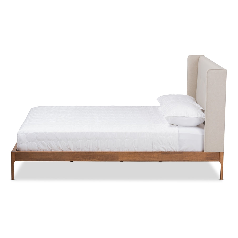 Brooklyn Mid-Century Modern Walnut Wood Beige Fabric Full Size Platform Bed