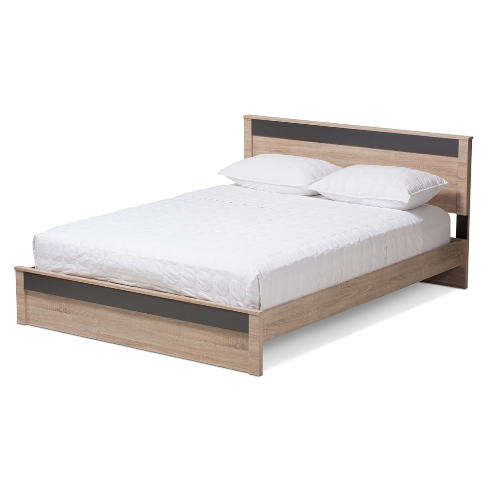 Jamie Two-Tone Oak And Grey Wood Queen Size Platform Bed