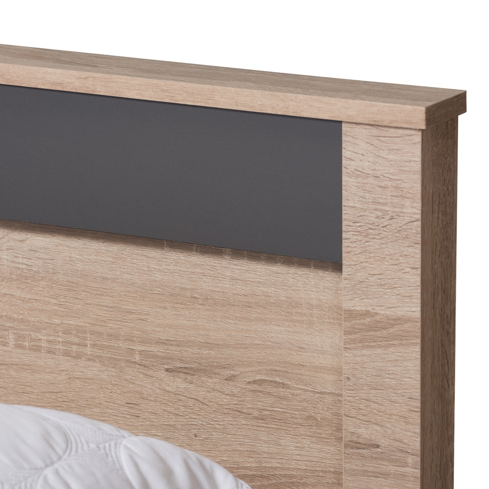 Jamie Two-Tone Oak And Grey Wood Queen Size Platform Bed