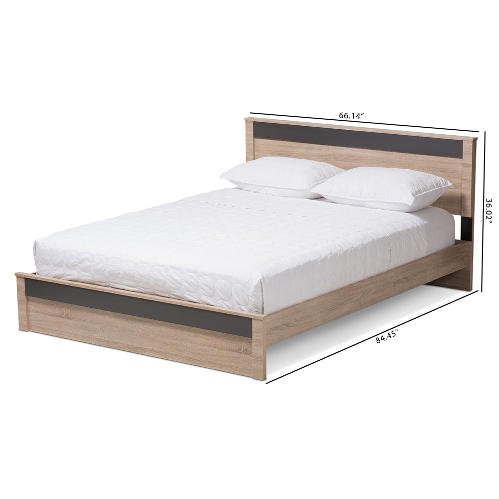 Jamie Two-Tone Oak And Grey Wood Queen Size Platform Bed