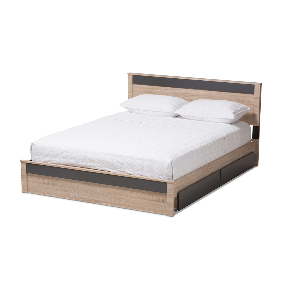Jamie Two-Tone Oak and Grey Wood 2-Dr Queen Size Storage Bed