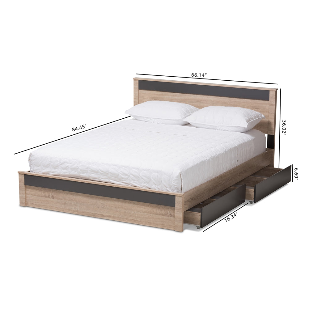 Jamie Two-Tone Oak and Grey Wood 2-Dr Queen Size Storage Bed