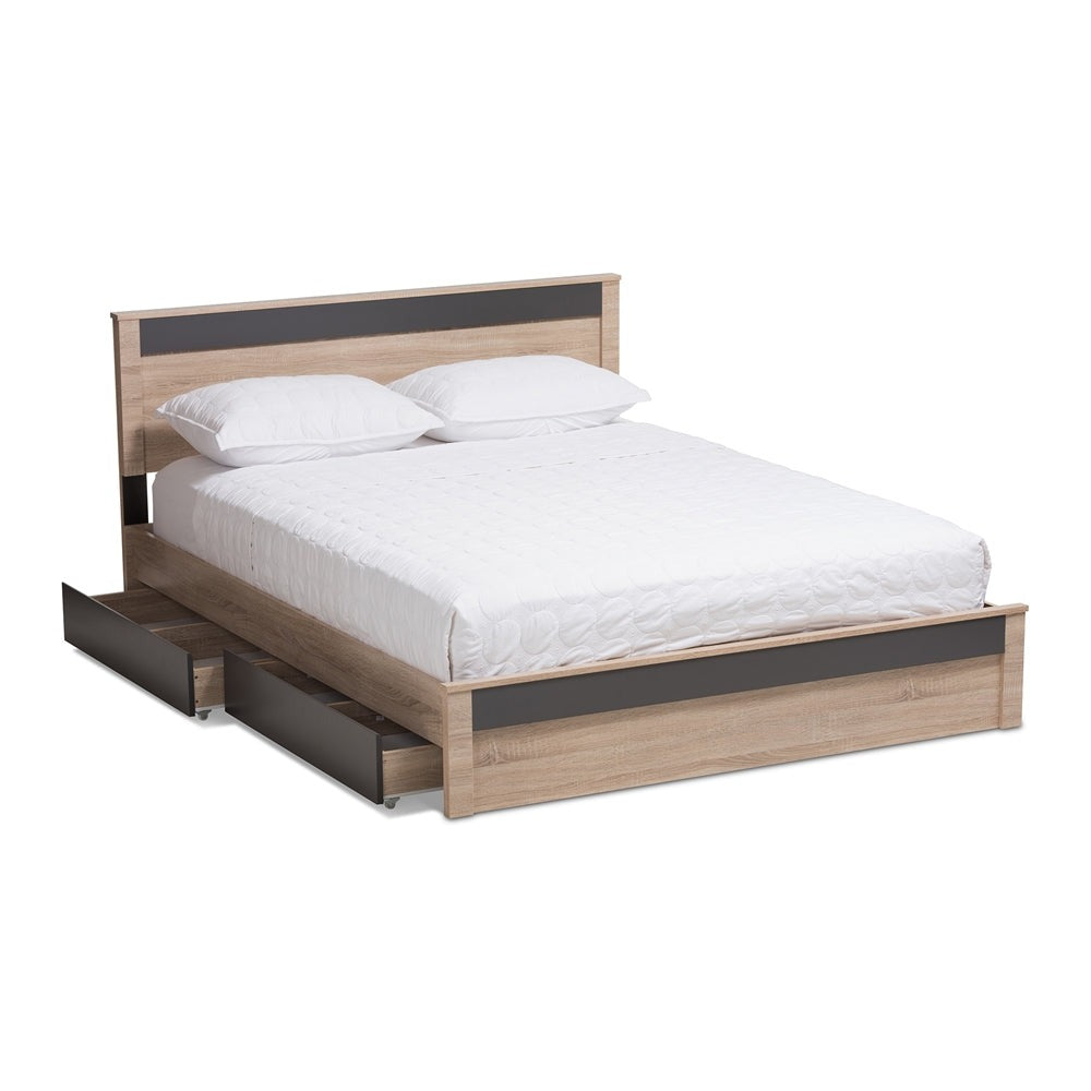 Jamie Two-Tone Oak and Grey Wood 2-Dr Queen Size Storage Bed