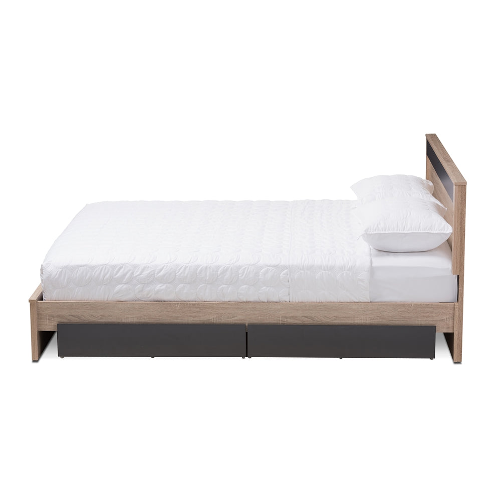 Jamie Two-Tone Oak and Grey Wood 2-Dr Queen Size Storage Bed