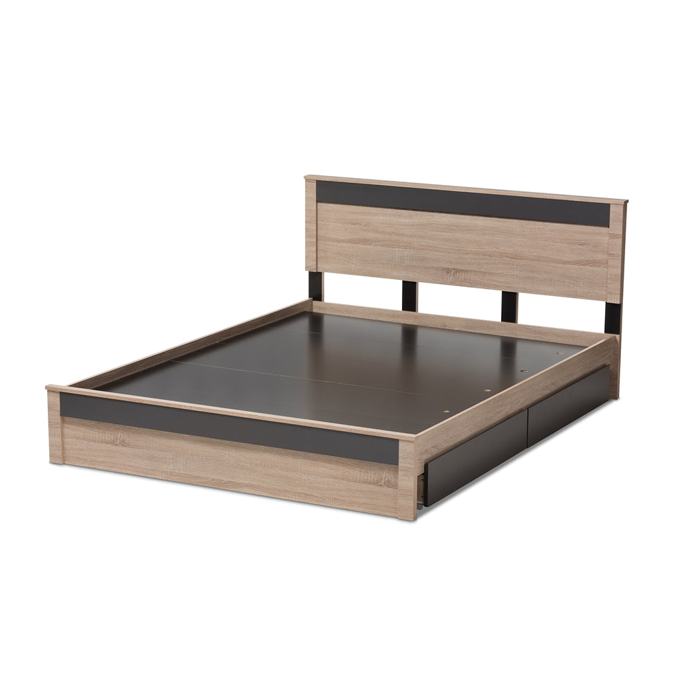 Jamie Two-Tone Oak and Grey Wood 2-Dr Queen Size Storage Bed