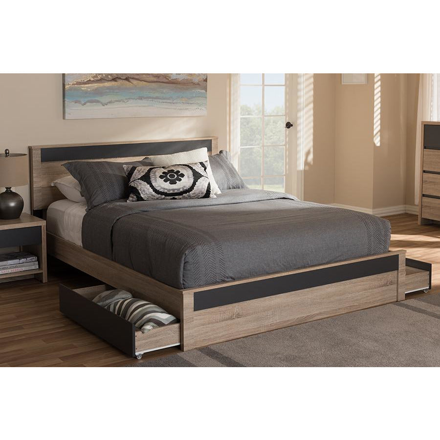 Jamie Two-Tone Oak and Grey Wood 2-Dr Queen Size Storage Bed