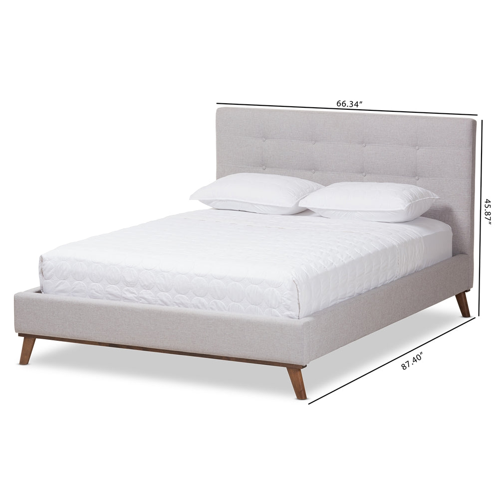 Valencia Mid-Century Modern Greyish Beige Fabric Queen Size Platform Bed