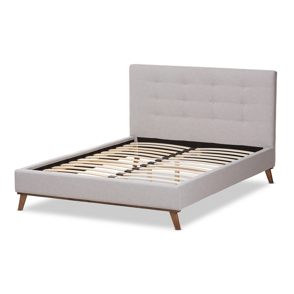 Valencia Mid-Century Modern Greyish Beige Fabric Queen Size Platform Bed