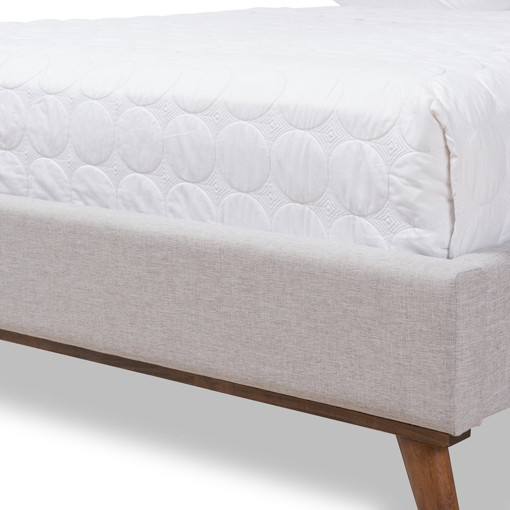 Valencia Mid-Century Modern Greyish Beige Fabric Queen Size Platform Bed