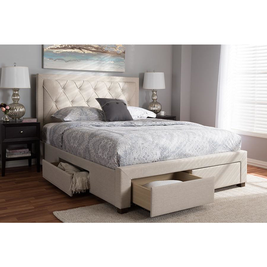 Aurelie Modern Light Beige Fabric Upholstered King Size Storage Bed