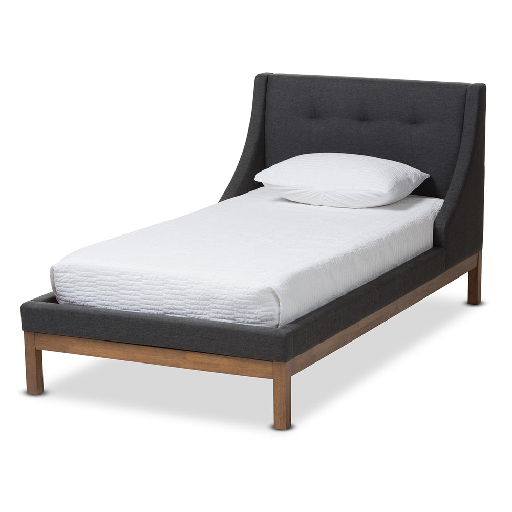 Louvain Dark Grey Fabric Upholstered Walnut-Finished Twin Sized Platform Bed