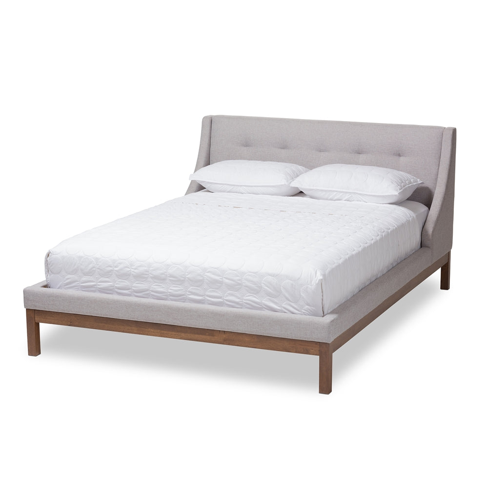 Louvain Greyish Beige Upholstered Walnut-Finished Queen Sized Platform Bed