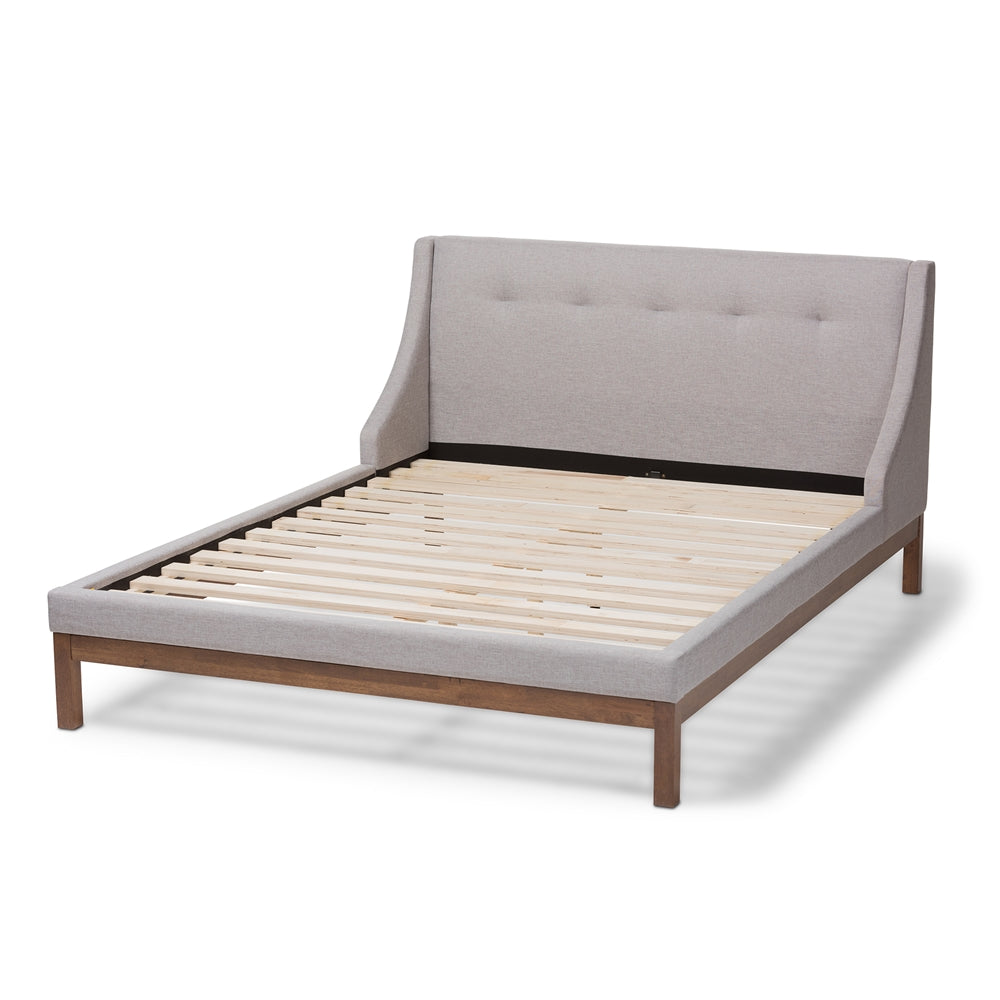 Louvain Greyish Beige Upholstered Walnut-Finished Queen Sized Platform Bed