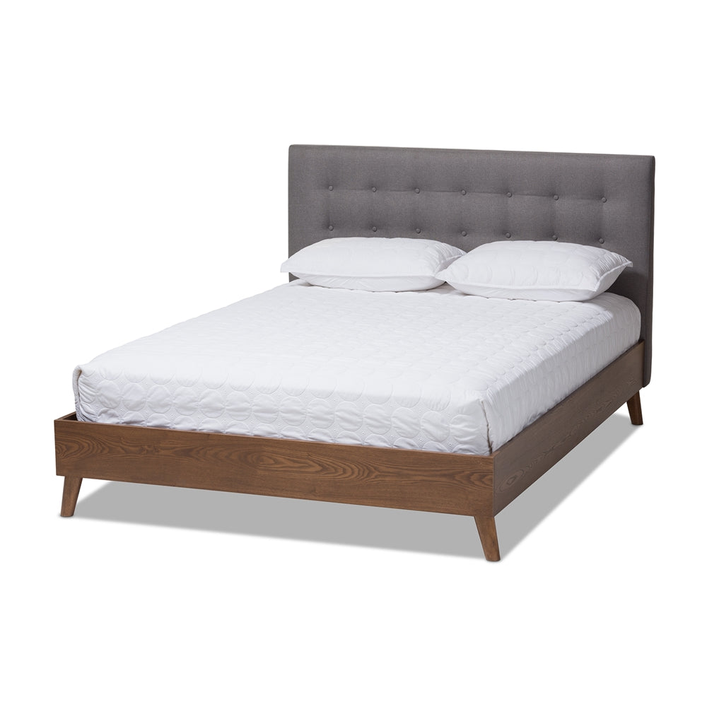 Alinia Retro Grey Fabric Upholstered Walnut Wood King Size Platform Bed