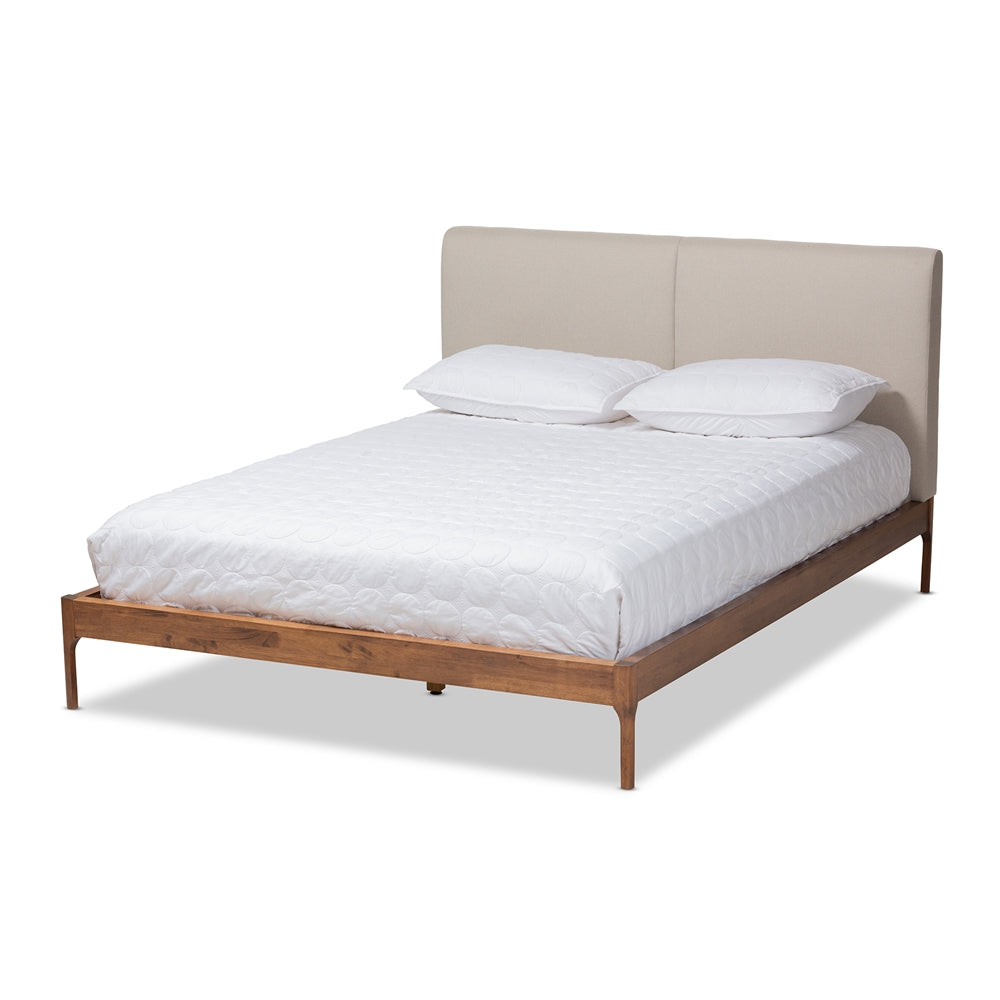 Aveneil Beige Fabric Upholstered Walnut Finished Queen Size Platform Bed