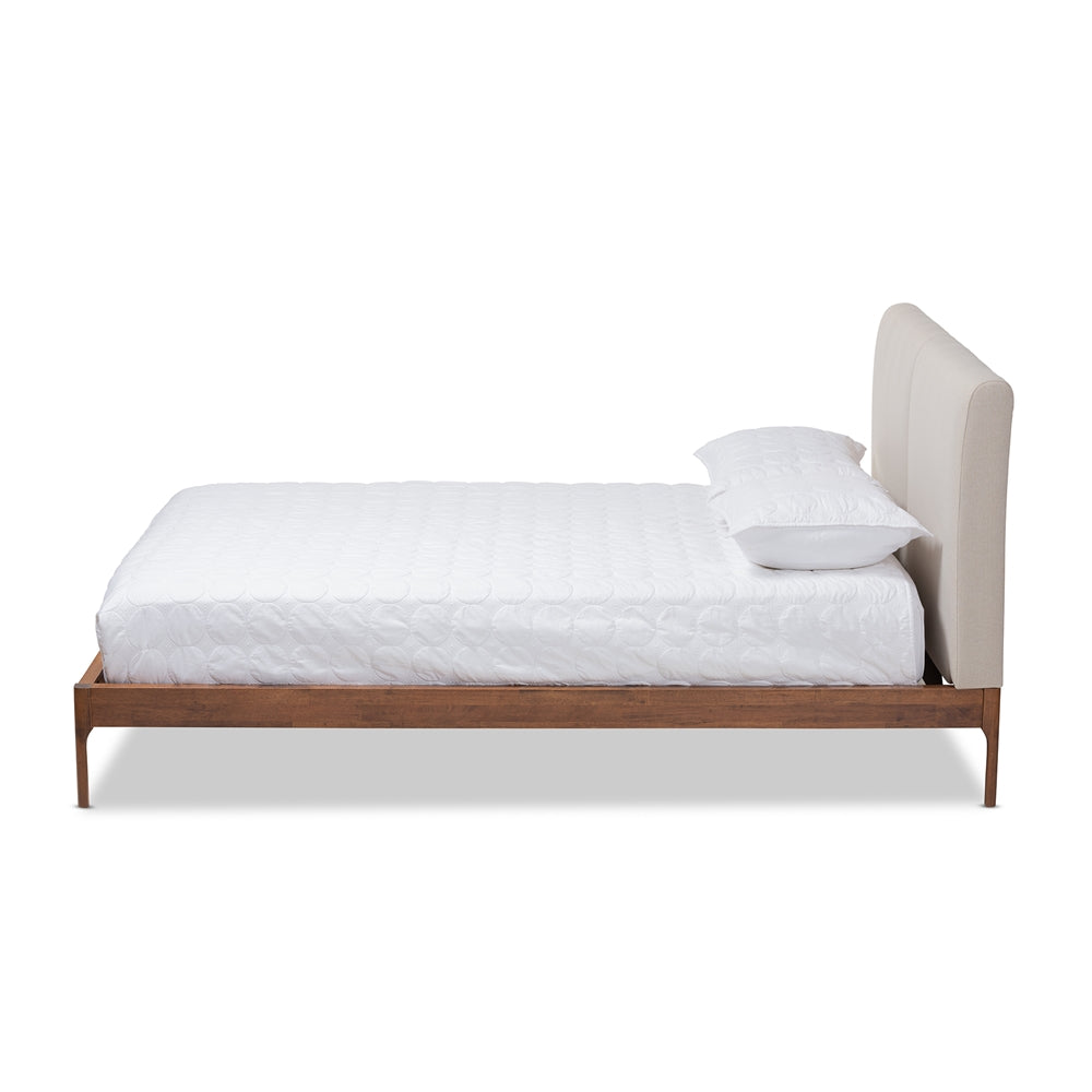 Aveneil Beige Fabric Upholstered Walnut Finished Queen Size Platform Bed