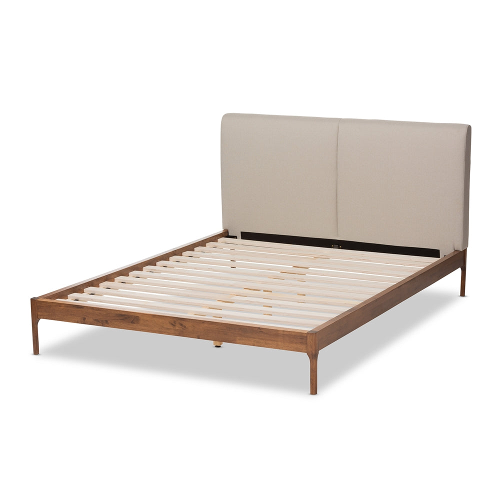 Aveneil Beige Fabric Upholstered Walnut Finished Queen Size Platform Bed