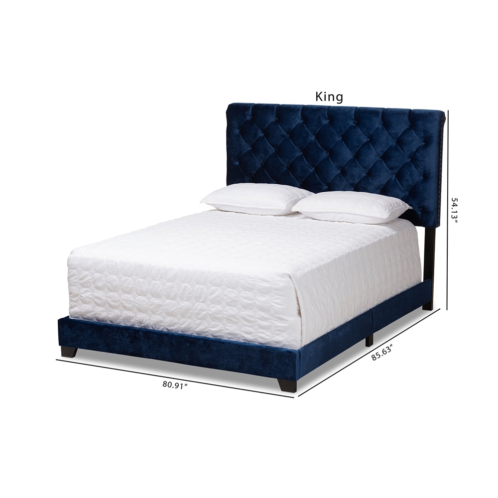 Candace Luxe and Glamour Navy Velvet Upholstered King Size Bed