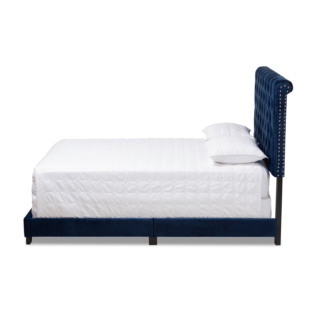 Candace Luxe And Glamour Navy Velvet Upholstered Queen Size Bed