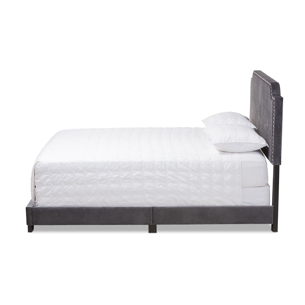 Darcy Luxe and Glamour Dark Grey Velvet Upholstered Full Size Bed