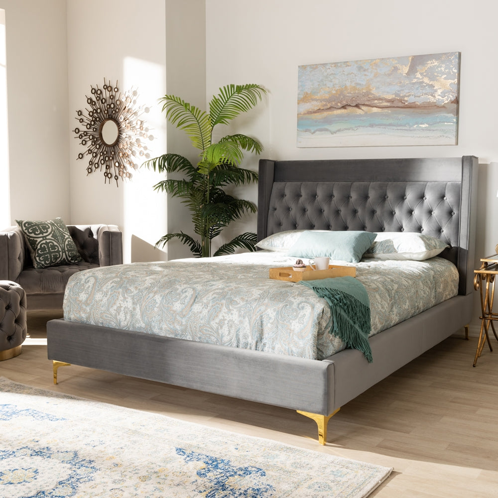 Valery Dark Gray Velvet Queen Size Platform Bed With Gold-Finished Legs