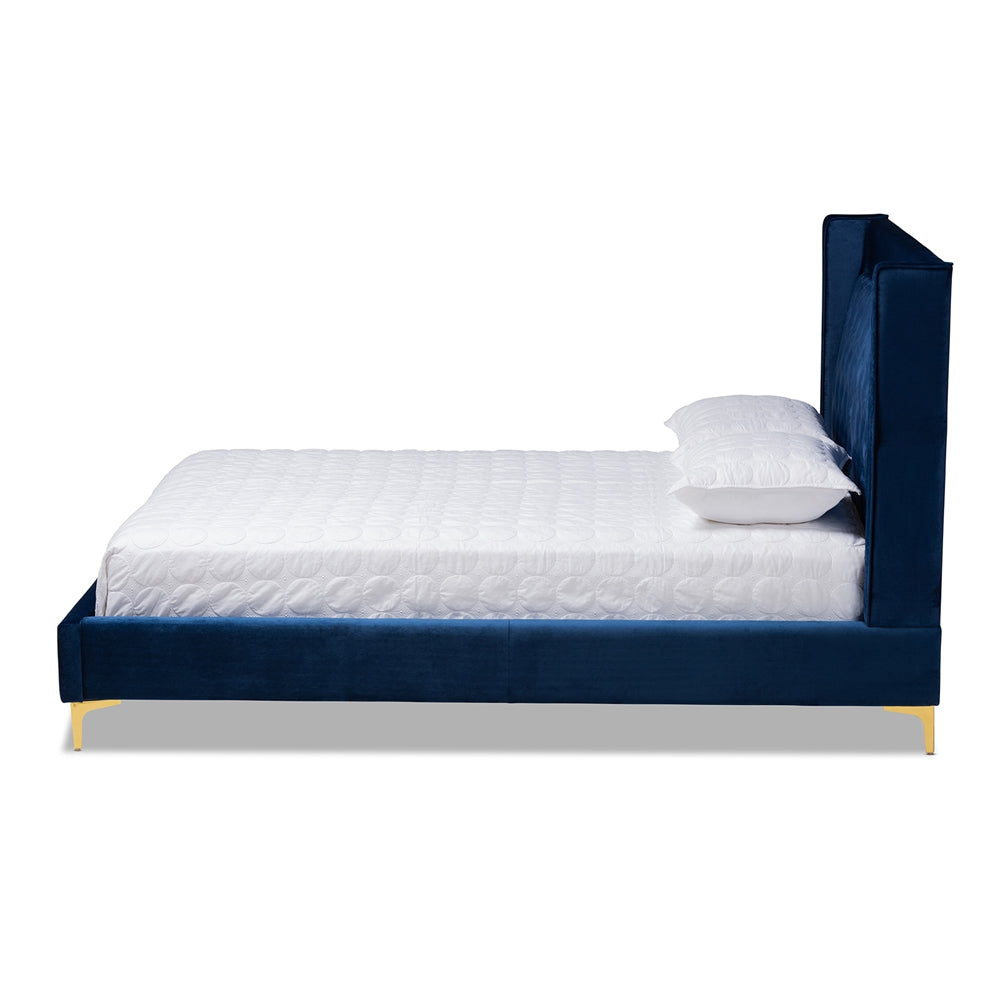 Valery Navy Blue Velvet King Size Platform Bed With Gold-Finished Legs