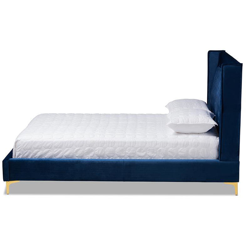 Valery Navy Blue Velvet King Size Platform Bed With Gold-Finished Legs