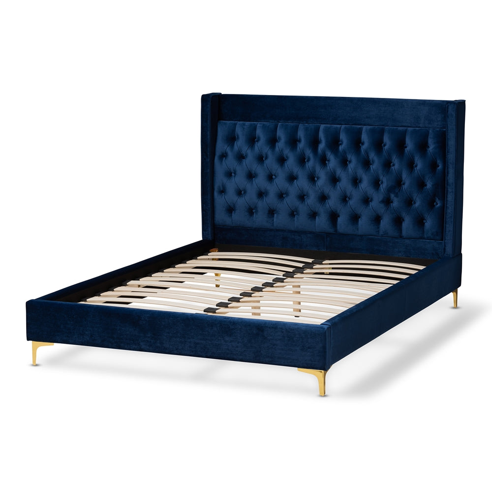 Valery Navy Blue Velvet King Size Platform Bed With Gold-Finished Legs