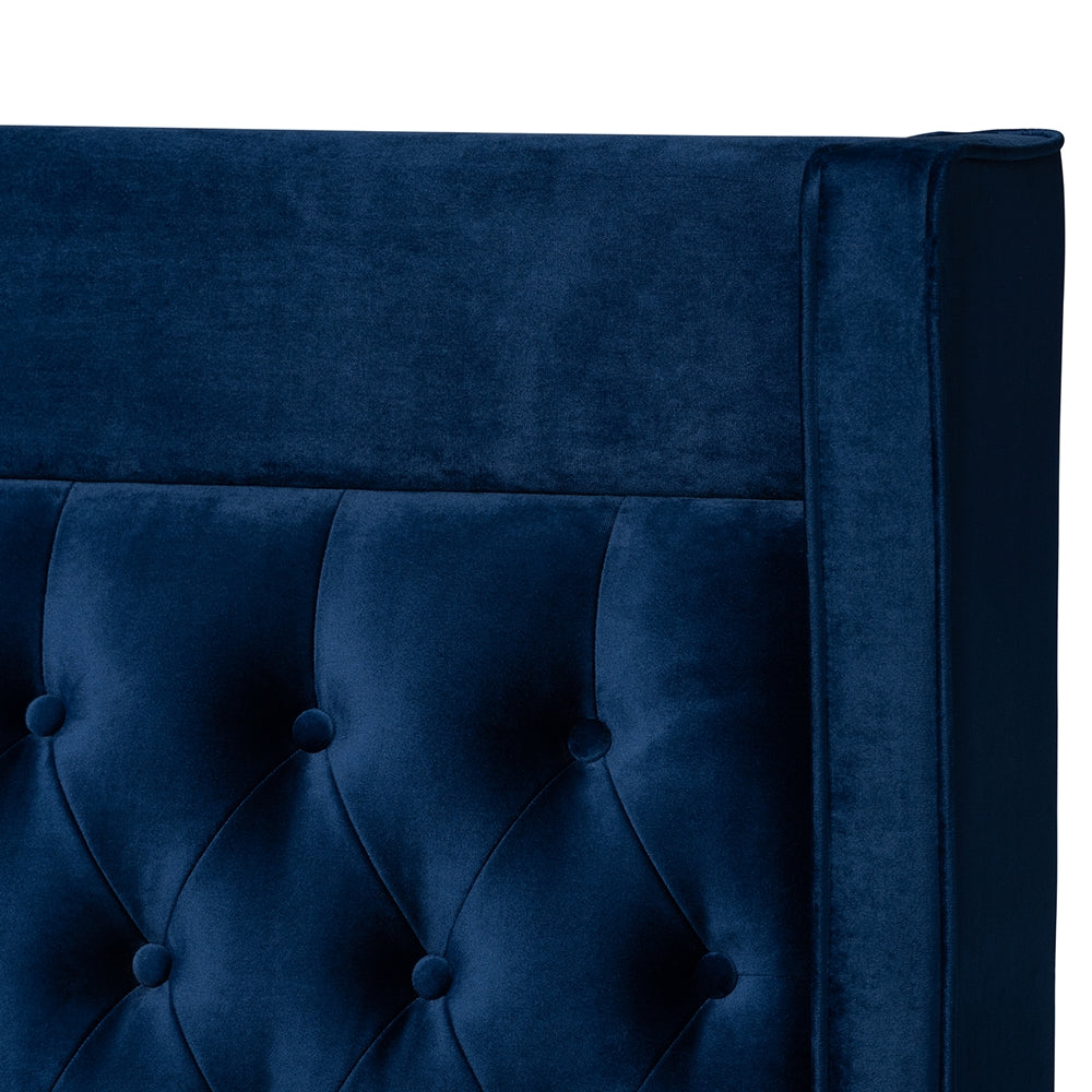 Valery Navy Blue Velvet King Size Platform Bed With Gold-Finished Legs