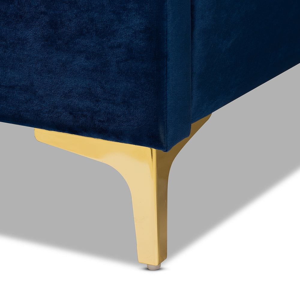 Valery Navy Blue Velvet King Size Platform Bed With Gold-Finished Legs