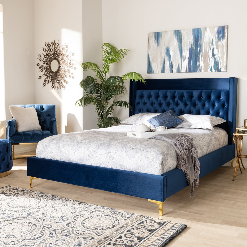 Valery Navy Blue Velvet King Size Platform Bed With Gold-Finished Legs