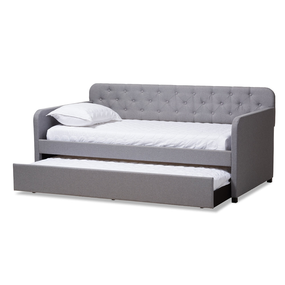 Camelia Grey Upholstered Button-Tufted Twin Size Daybed With Trundle