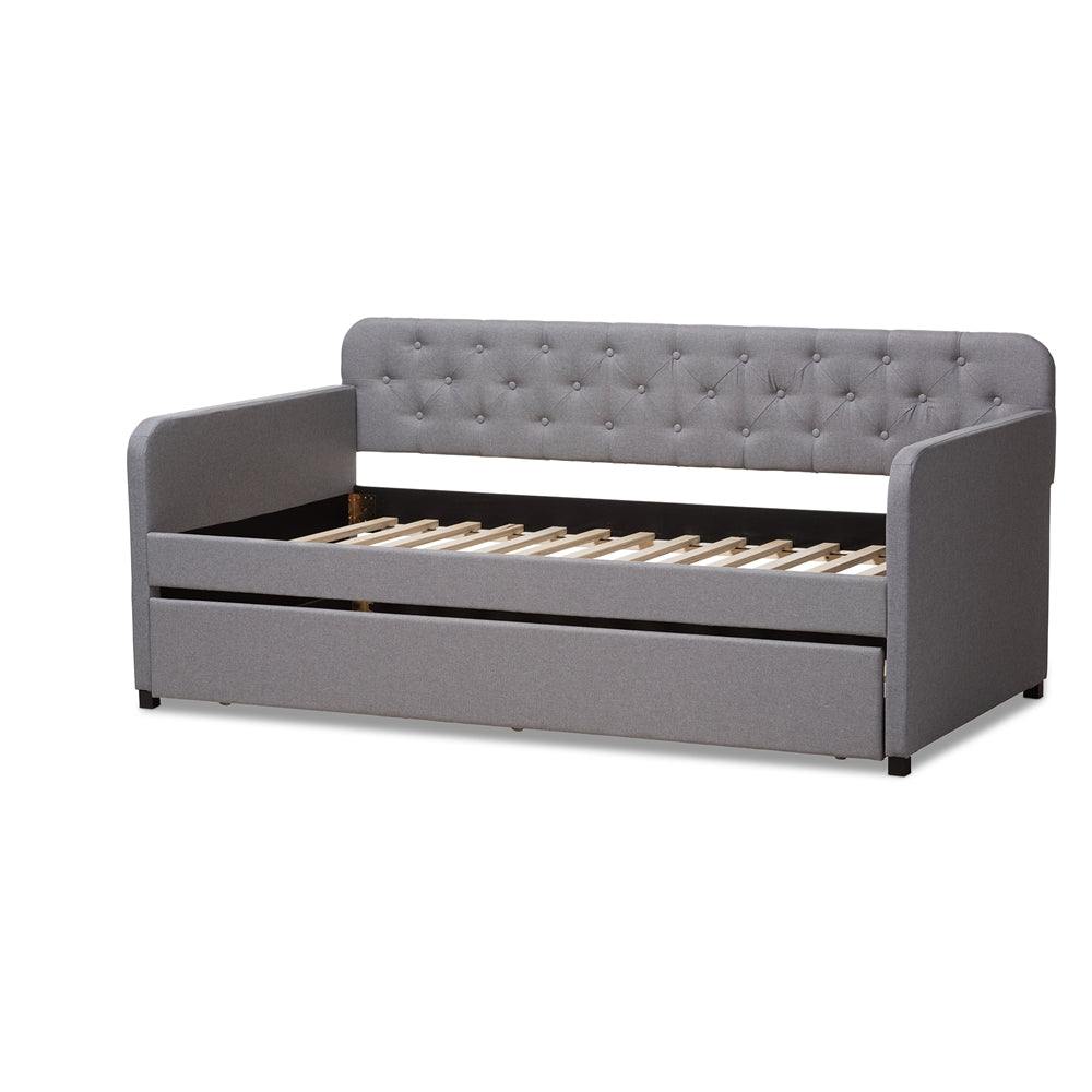 Camelia Grey Upholstered Button-Tufted Twin Size Daybed With Trundle