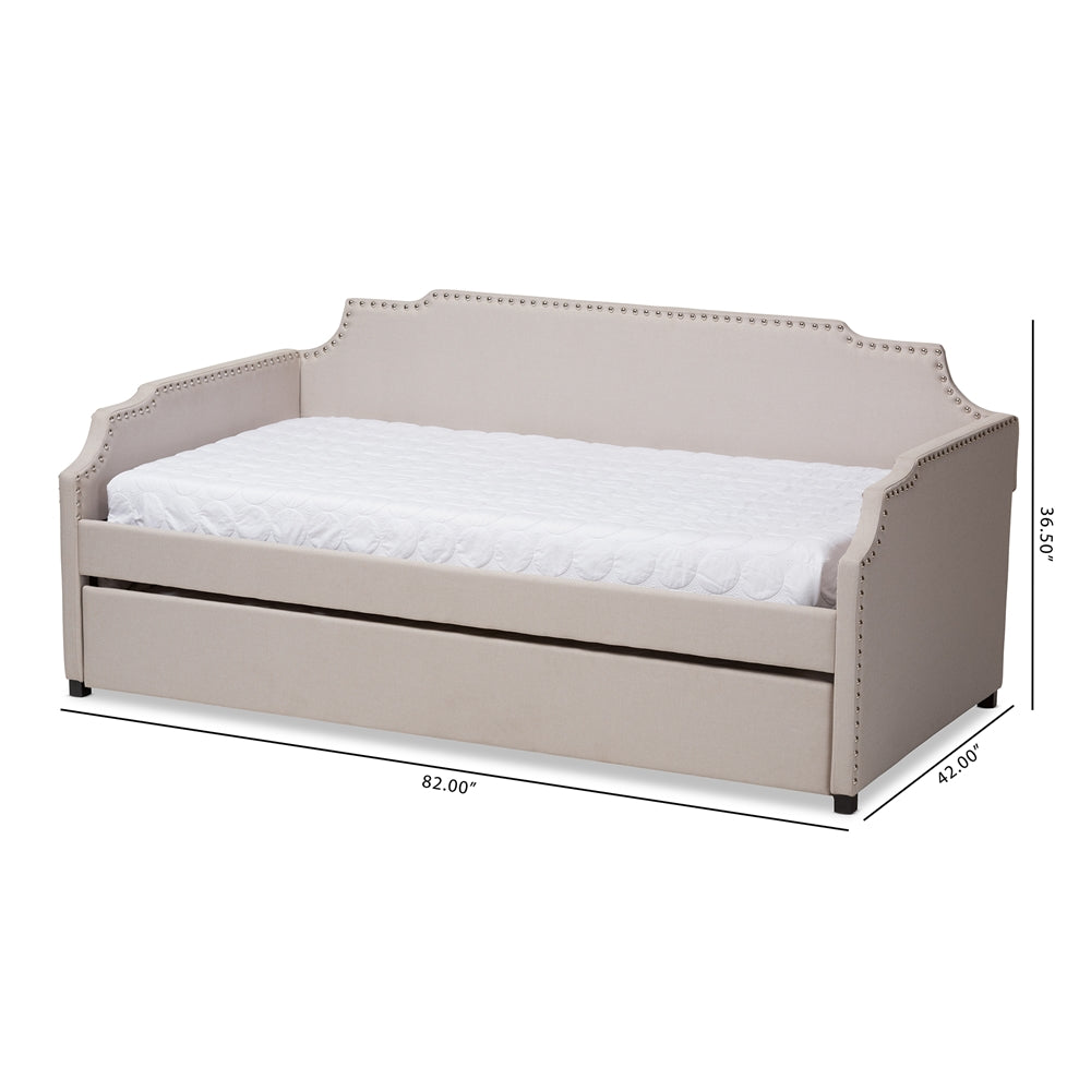 Ally Beige Upholstered Twin Size Sofa Daybed with Roll Out Trundle Guest Bed