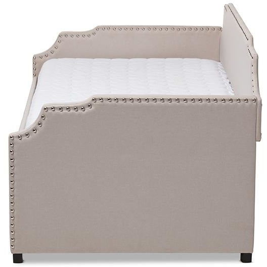 Ally Beige Upholstered Twin Size Sofa Daybed with Roll Out Trundle Guest Bed