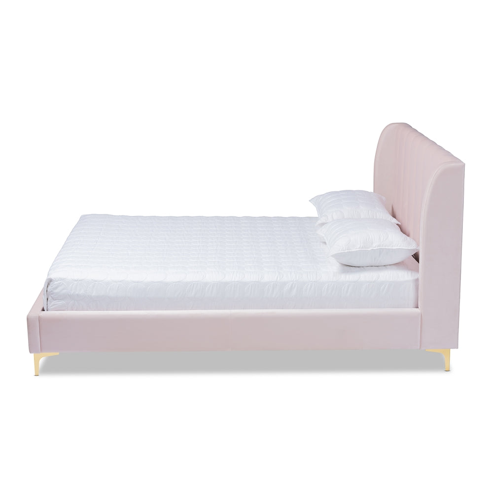 Saverio Glam & Luxe Light Pink Velvet with Gold Legs Queen Bed