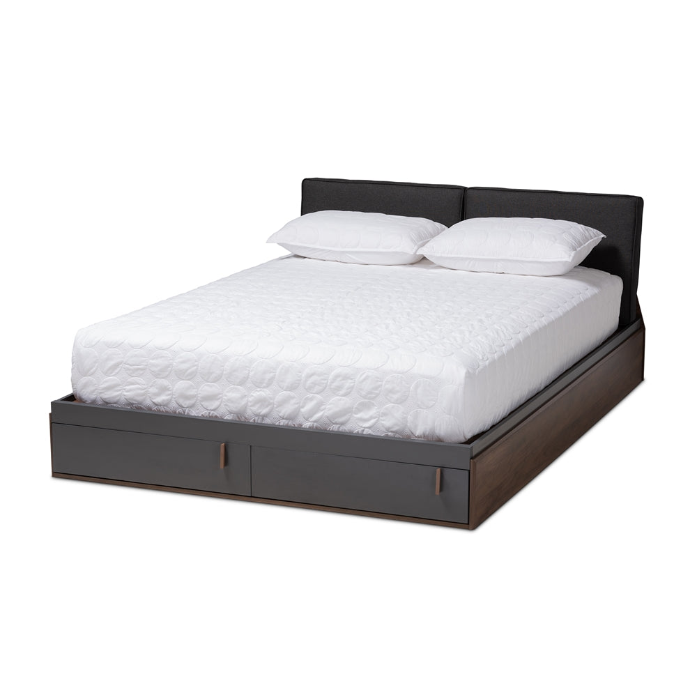 Rikke Two-Tone Gray and Walnut Wood Queen Size Platform Storage Bed