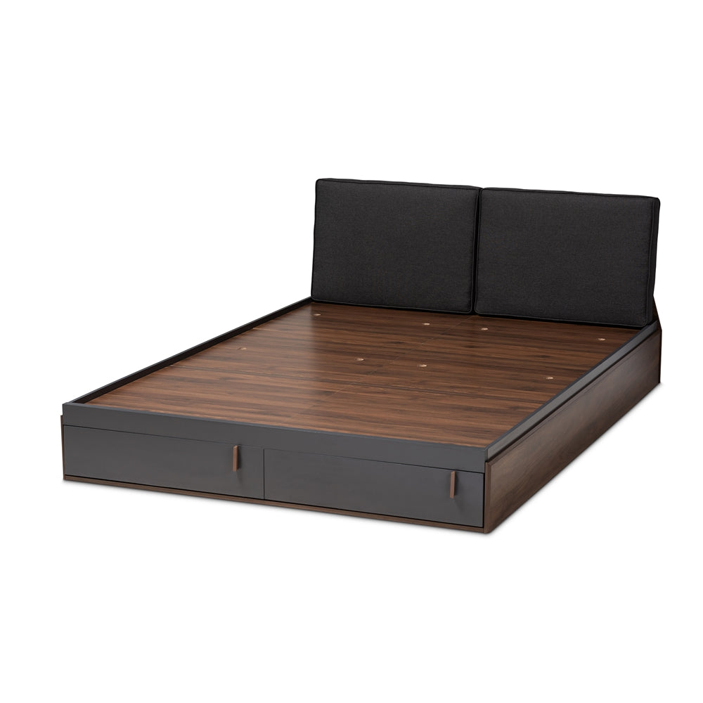 Rikke Two-Tone Gray and Walnut Wood Queen Size Platform Storage Bed