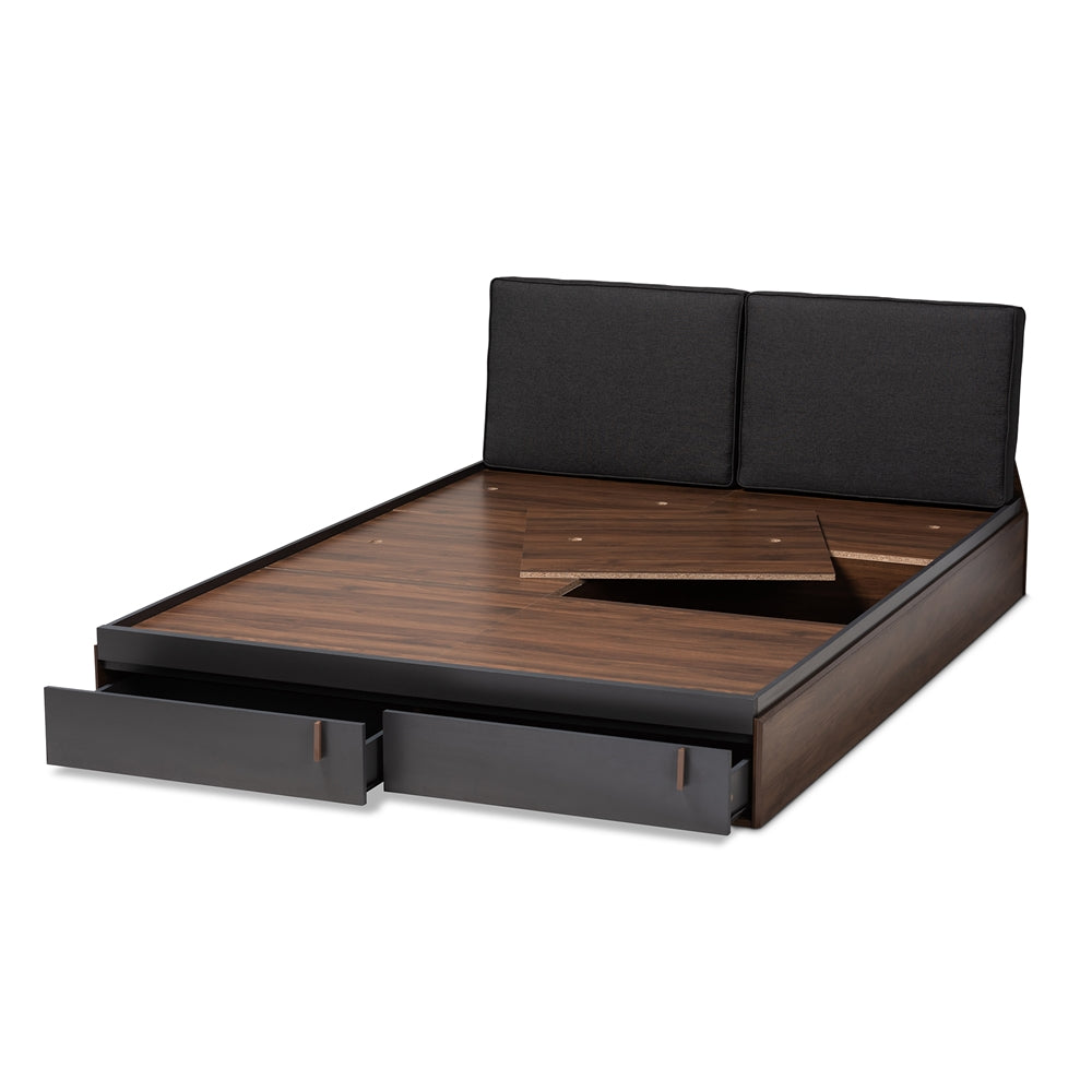 Rikke Two-Tone Gray and Walnut Wood Queen Size Platform Storage Bed