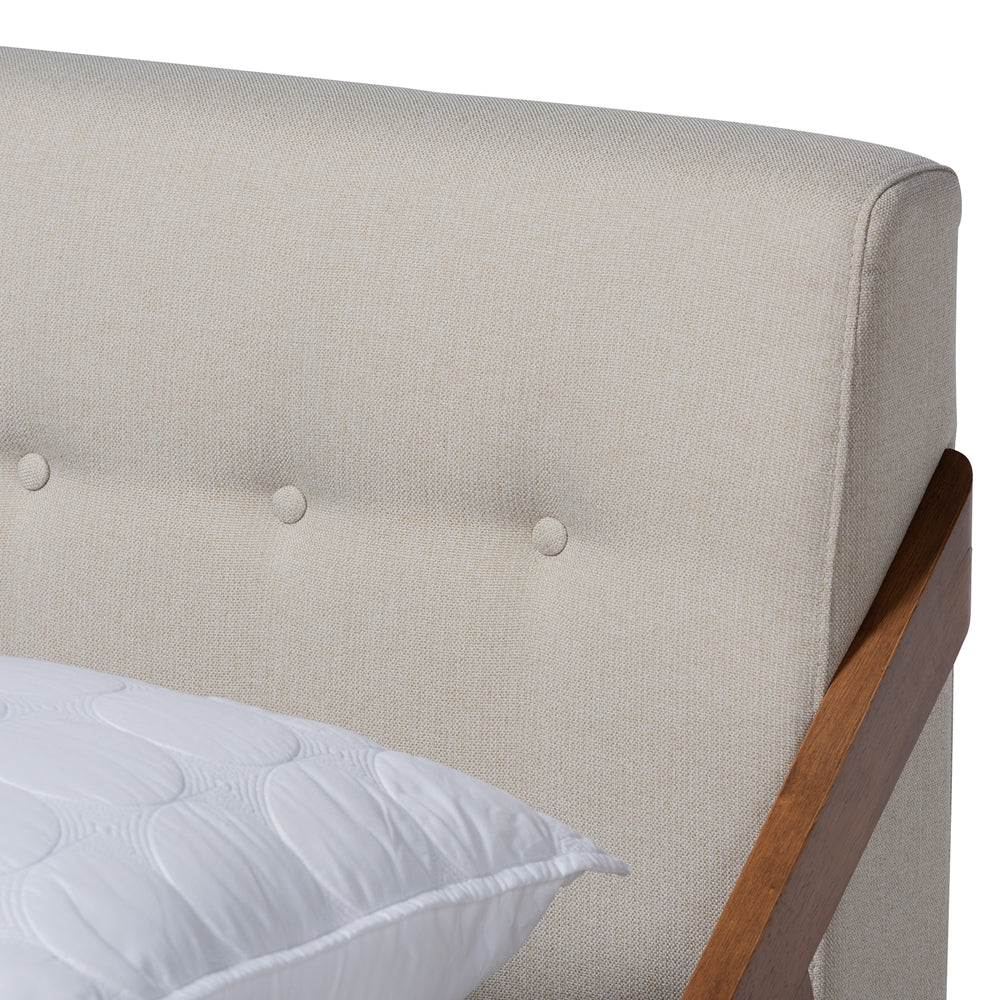 Sante Light Beige Fabric Upholstered Wood Queen Size Platform Bed