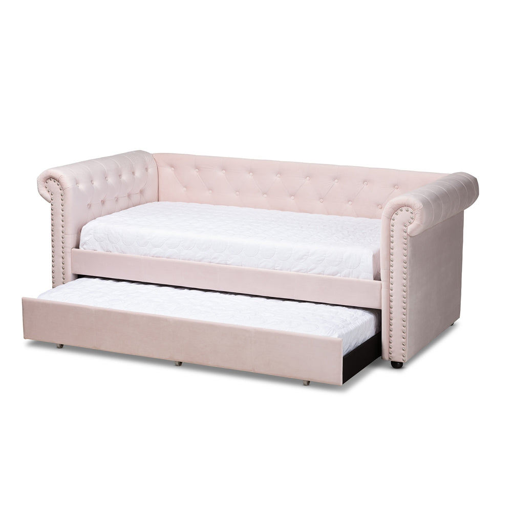 Mabelle Light Pink Velvet Upholstered Daybed with Trundle
