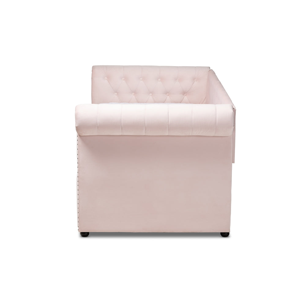 Mabelle Light Pink Velvet Upholstered Daybed with Trundle