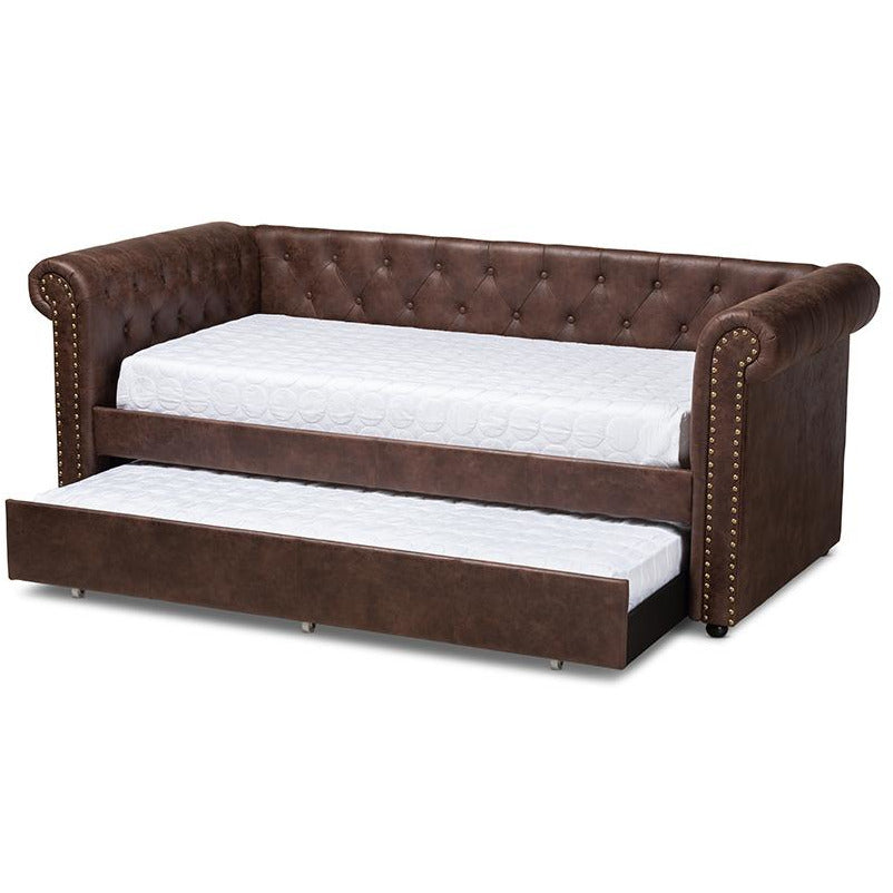 Mabelle Brown Faux Leather Upholstered Daybed with Trundle