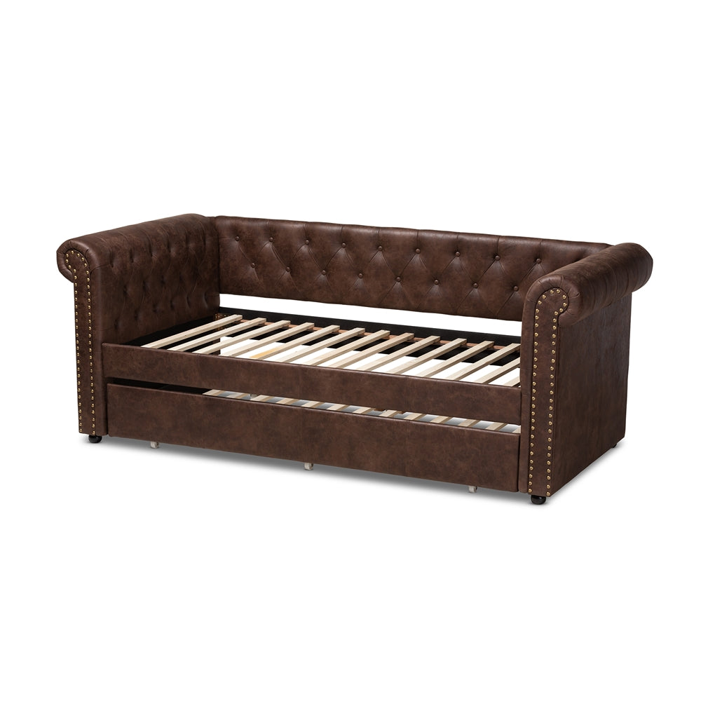 Mabelle Brown Faux Leather Upholstered Daybed with Trundle