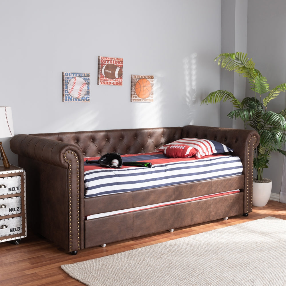 Mabelle Brown Faux Leather Upholstered Daybed with Trundle